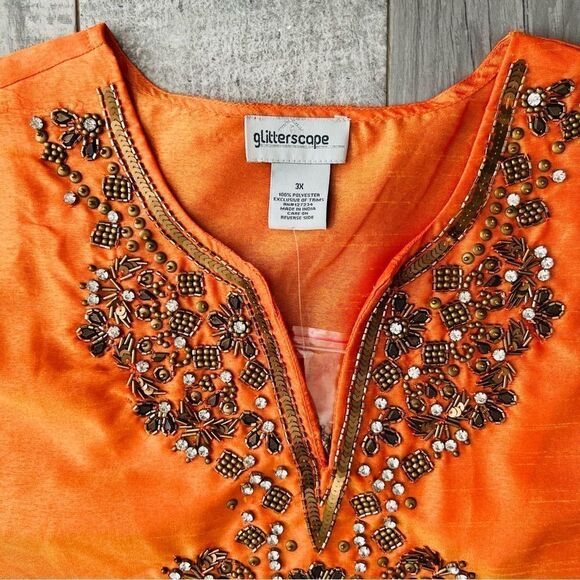 NWT Vintage Orange Gold Beaded Rhinestone Sequin Embellished V Neck Tunic 3X - Picture 9 of 13